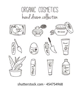 Vector cosmetic bottles. Organic cosmetics illustration. Doodle skin care items. Herbal hand drawn set. Spa elements in sketchy style.