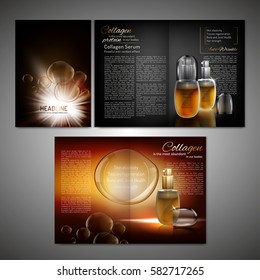 Vector cosmetic brochure template. Modern creative idea with premium flacons for poster, print, flyer, booklet, brochure and leaflet design. Editable graphic illustration in black and gold colours.