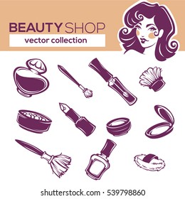 vector cosmetic collection, eyeshadow, lipstick, nail polish, rouge, perfume,
