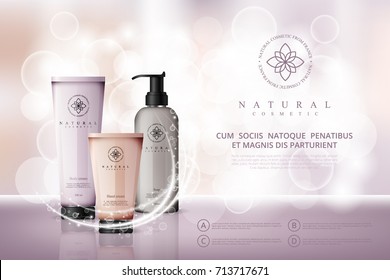 Ilustração cosmética vetorial para a promoção de produtos cosméticos em fundo bokeh bege claro. Recipientes de creme cosmético e tubos para creme, loção, shampoo, bálsamo, condicionador, spray