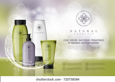 Vector cosmetic illustration for the promotion of cosmetic products on light beige bokeh background. Cosmetic cream containers and tubes for cream, lotion, shampoo, balsam, conditioner, spray