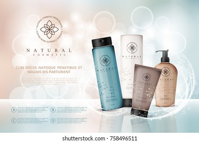 Vector cosmetic illustration for the promotion of cosmetic products on light beige bokeh background. Cosmetic cream containers and tubes for cream, lotion, shampoo, balsam, conditioner, spray