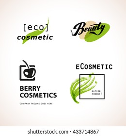 Vector cosmetic insignia isolated on white background. Eco product brand mark. Cosmetic label design. Cosmetic logo. Beauty industry company logo. Brush stroke, hand drawn plant, cherry symbol.
