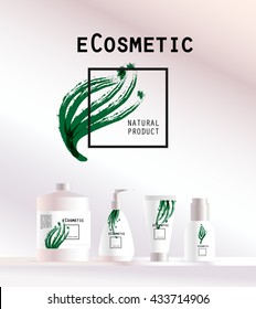 Vector cosmetic insignia isolated on white background. Eco product brand mark. Cosmetic label design template. Cosmetic beauty logo.Different cosmetic products. Bottle, tube, can, comb, spay, package.