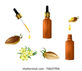Vector cosmetic jojoba oil is a natural serum bottle with dropper , fruits and flowers. Hair care, face, hands and body. Aromatherapy, relaxation, Wellness centre, beauty salon