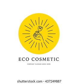Vector cosmetic logo design. Hand, sun, flower contour linear simple flat icon isolated on white background. Beauty brand mark, health care, medicine company insignia. Natural eco product label.