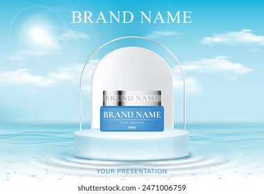 The vector of cosmetic product advertisement for a brand. The bottle is sitting on a blue template