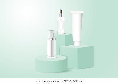 Modelaciones de productos cosméticos vectoriales en podiums geométricos para la presentación de cosméticos
