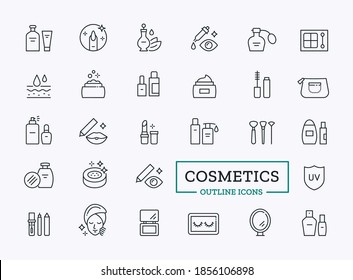 Conjunto de iconos de productos cosméticos. Pictograma de línea delgada de loción, polvo, lápiz labial, rímel