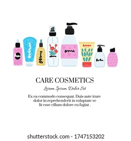 Vector cosmetic products. Natural cosmetics. Beauty care. Flat hand drawn elements is for advertising banner, post on social network, flyer, label, broshure, poster, website design for cosmetic store