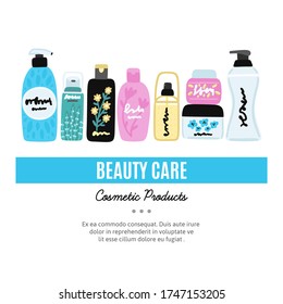 Vector cosmetic products. Natural cosmetics. Beauty care. Flat hand drawn elements is for advertising banner, post on social network, flyer, label, broshure, poster, website design for cosmetic store