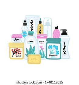 Vector cosmetic products. Natural cosmetics. Beauty care. Flat hand drawn elements is for advertising banner, post on social network, flyer, label, broshure, poster, website design for cosmetic store