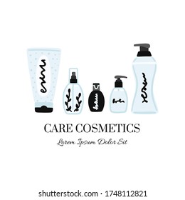 Vector cosmetic products. Natural cosmetics. Beauty care. Flat hand drawn elements is for advertising banner, post on social network, flyer, label, broshure, poster, website design for cosmetic store