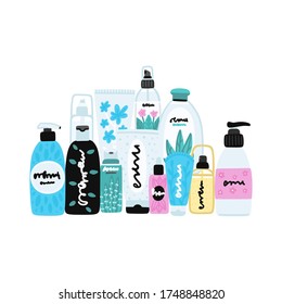 Vector cosmetic products. Natural cosmetics. Beauty care. Flat hand drawn elements is for advertising banner, post on social network, flyer, label, broshure, poster, website design for cosmetic store