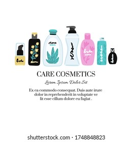 Vector cosmetic products. Natural cosmetics. Beauty care. Flat hand drawn elements is for advertising banner, post on social network, flyer, label, broshure, poster, website design for cosmetic store