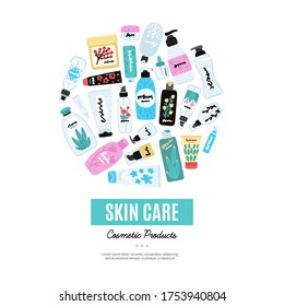 Vector cosmetic products. Natural cosmetics. Beauty care. Flat hand drawn elements is for advertising banner, post on social network, flyer, label, broshure, poster, website design for cosmetic store
