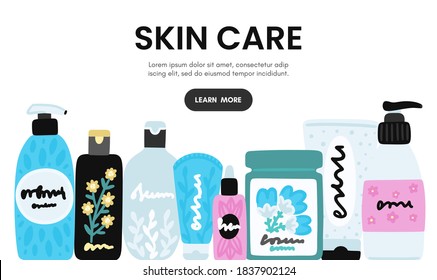 Vector cosmetic products. Natural cosmetics. Beauty care. Many jars and bottles. Facial skin care. Online store. Landing page template. Background is for banner, header, advertising, mailing list