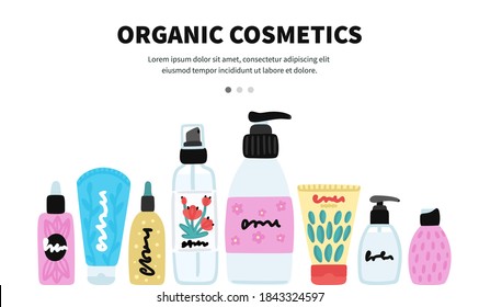 Vector cosmetic products. Natural cosmetics. Beauty care. Many jars and bottles. Facial skin care. Online store. Landing page template. Background is for banner, header, advertising, mailing list
