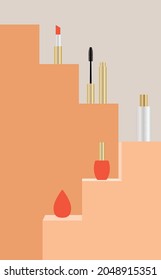 productos cosméticos vectoriales en los pasos. imagen plana de cosméticos decorativos en diferentes escalones