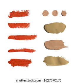 Vector cosmetic products strokes set isolated on white background, concealer, lipstick, color samples.