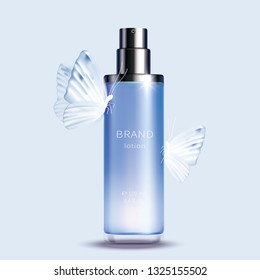 Vector cosmetic realistic product. Blue glass spray bottle with glossy silver dispenser and white butterflies on it isolated on light background, premium cosmetics design