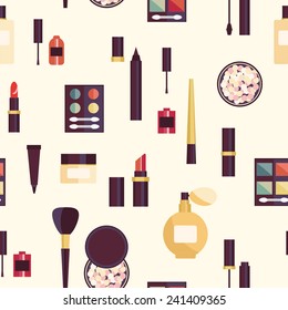 Vector cosmetic seamless pattern. Flat design. Cosmetic pattern. Cosmetics product. Cosmetics background. 