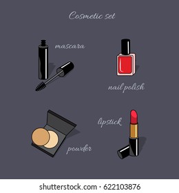Vector cosmetic set. Mascara, nail polish, powder and lipstick isolated on grey background.