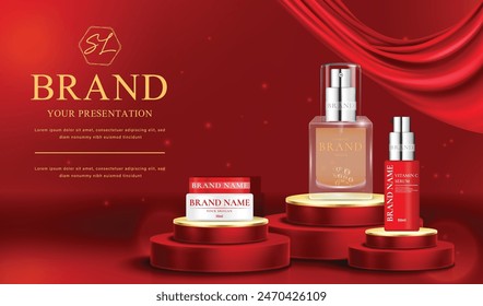 The vector of cosmetic, skincare, lotion, serum packaging ads poster in red background 