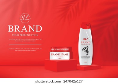 The vector of cosmetic, skincare, lotion, serum packaging ads poster in red background 