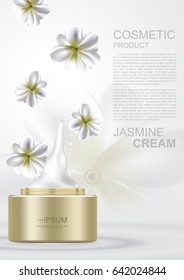 Vector Cosmetic Template Spill Moisturizing Cream And Gold Jar With Falling Jasmines On White Background