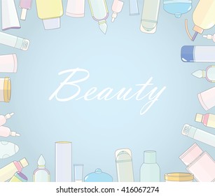 Vector cosmetic top view frame, background or template. Make-up and skin care object (perfume, deodorant, shampoo, scrub, gel). Fashion beauty, perfect for Asian or Korean cute, sweet shop. Blue color