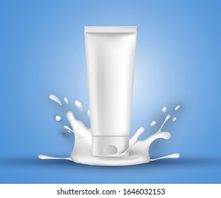 Vector cosmetic tube mockup with cream splash, moisturizing cream ad poster template.
