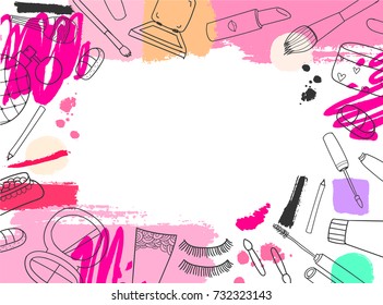 Vector cosmetics banner, background. Hand drawn cosmetic tools with colorful strokes, blushes