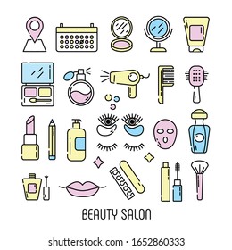 Vector cosmetics and beauty icons in trendy linear style - set beauty salon for women.