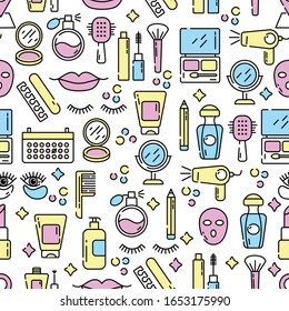 Vector cosmetics and beauty icons in trendy linear style - set beauty salon for women. Seamless pattern.