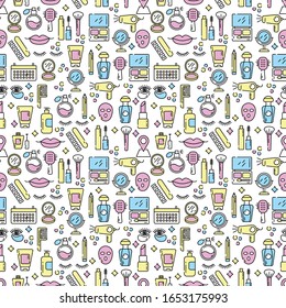 Vector cosmetics and beauty icons in trendy linear style - set beauty salon for women. Seamless pattern.