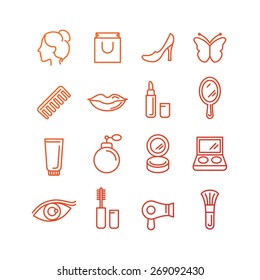 Vector cosmetics and beauty icons in trendy linear style - set of signs related to women
