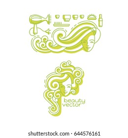 Vector cosmetics and beauty icons in trendy linear style - set of signs related to women