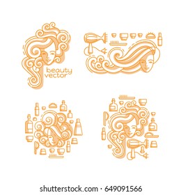Vector cosmetics and beauty icons in trendy linear style - set of signs related to women