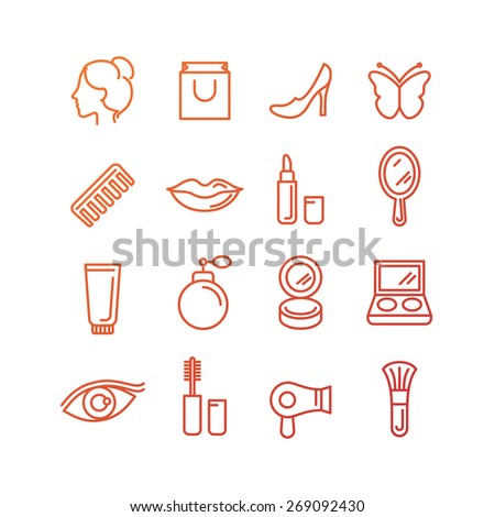 Vector cosmetics and beauty icons in trendy linear style - set of signs related to women