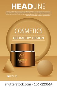 Vector cosmetics flyer advertising template for face, hand cream and abstract geometric shape in gold color