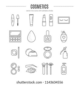 Vector Cosmetics icon set in linear style. Beauty care symbols for make up store. Editable stroke