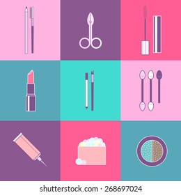 Vector cosmetics icons set. Eyebrow cosmetics and make up. Vector make up illustration.