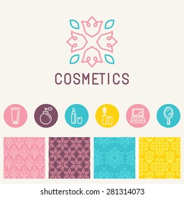 Vector cosmetics logo design element in linear style - icons and signs and seamless patterns for package and beauty salons