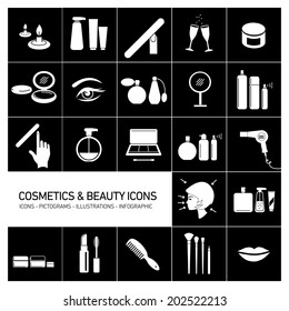 vector cosmetics, make-up and beauty icons set | flat design white illustrations and pictograms isolated on black background