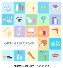 vector cosmetics, make-up and beauty icons set | flat design colorful illustrations and pictograms