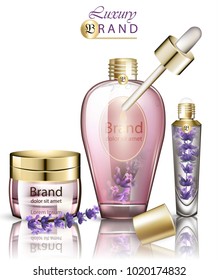 Vector cosmetics realistic lavender products mock up. Lavender flower oil and creams. Product packaging designs