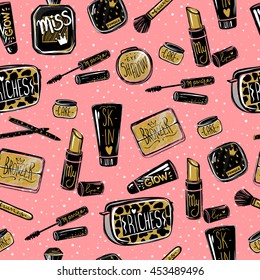 Vector cosmetics seamless pattern. Fashion background. Make up collection. Mascara, perfume, lipstick,eye shadows,brush,lip gloss.Isolated makeup product. 