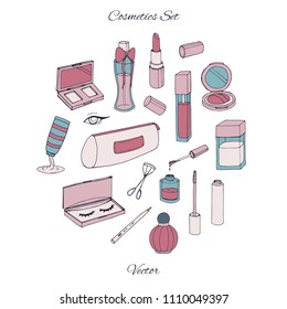 Vector cosmetics set with bottles, lacquer, lipstick, eye shadows, mascara and powder isolated on the white 
background. Hand drawn makeup products collection.