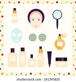 Vector cosmetics set in flat style. Flat icon set of cosmetics product. Vector flat icon of spa procedure. Vector flat design of spa. Spa elements. Spa vector details. Flat illustration of spa.